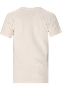 Ljust beige kortärmad t-shirt med en slät textur. Har raglanärmar och subtil logotyp på den övre ryggen.