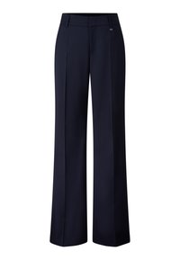 Pantalons larges bleu marine en tissu lisse. Dotés d'un devant plat avec une fermeture éclair et d'un petit détail de logo près de la taille.