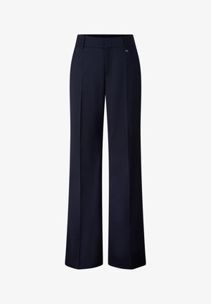 Navy blue, wide-leg trousers made of smooth fabric. Features a flat front with a zip closure and a small logo detail near the waistband.