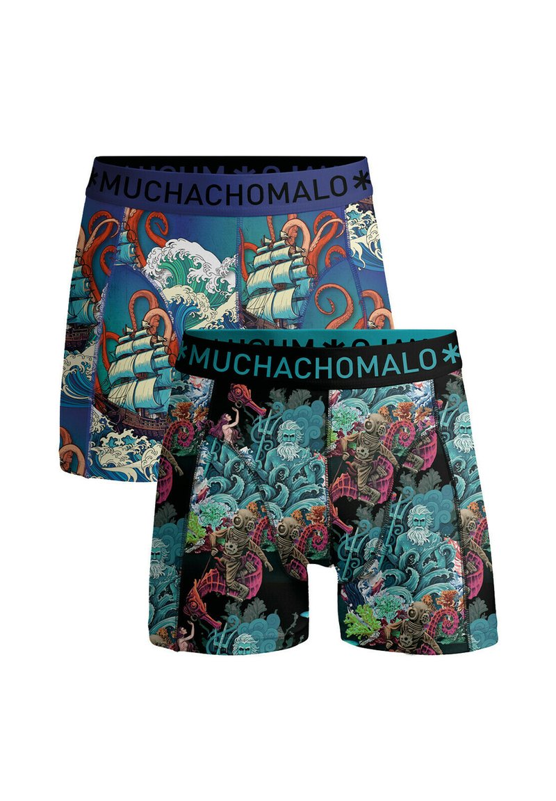 Två par herrboxer med färgglada havstema-designs, med bläckfiskar och skepp. Tillverkade med elastiska midjeband.