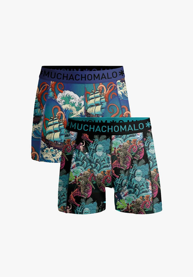 Two pairs of men's boxer briefs featuring colorful, ocean-themed designs with octopuses and ships. Fabricated with elastic waistbands.