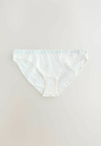 Culotte en coton blanche de style bikini avec une ceinture élastique bleu clair portant le mot "NEXT" répété dans un imprimé subtil.
