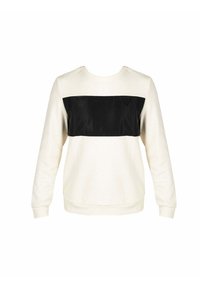 Sudadera de color crema con un panel negro horizontal en el pecho. Presenta mangas largas, un escote redondeado y puños de canalé.