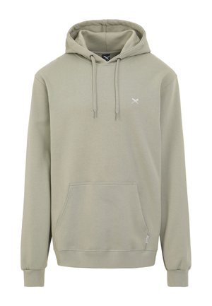 Light olive green pullover hoodie with front kangaroo pocket, drawstring hood, and small white crossed scissors logo on chest.