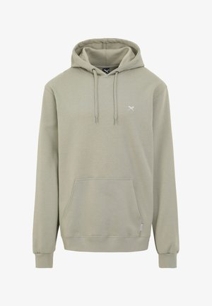 Hell olivgrüner Pullover Hoodie mit Kängurutasche vorne, Kordelzugkapuze und kleinem weißen gekreuztem Scherenlogo auf der Brust.