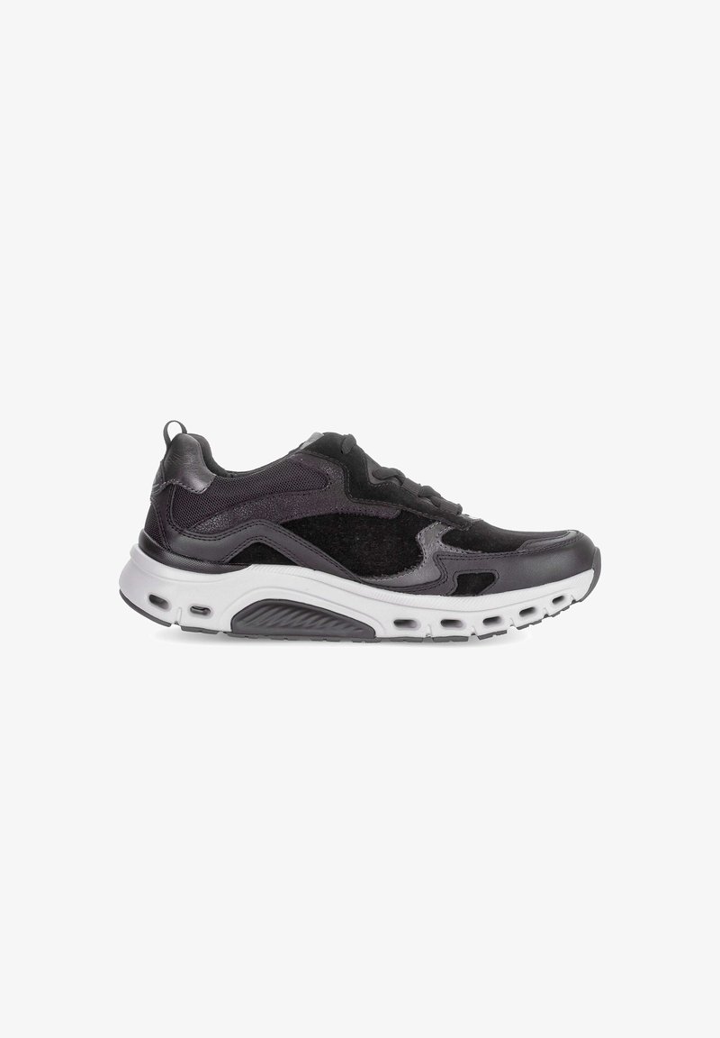 Zwarte sportieve schoenen met een mix van leer en mesh. Beschikken over een stevige witte zool met ventilatiegaten, gestructureerde accenten en veters.