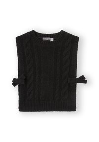 Suéter negro de punto con un patrón de trenzas, presenta un cuello redondo y detalles de lazo en los laterales. Textura suave y diseño sin mangas.
