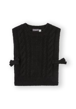 Suéter negro de punto con un patrón de trenzas, presenta un cuello redondo y detalles de lazo en los laterales. Textura suave y diseño sin mangas.