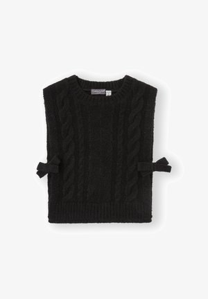 Suéter negro de punto con un patrón de trenzas, presenta un cuello redondo y detalles de lazo en los laterales. Textura suave y diseño sin mangas.