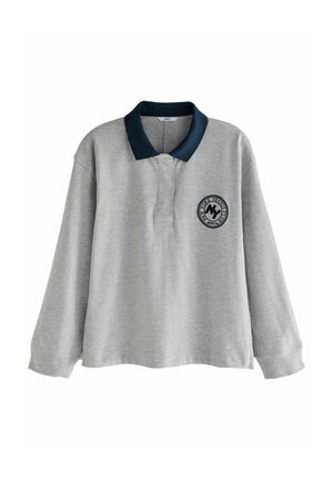 Hellgraues Langarm-Poloshirt mit dunklem Kragen und New York Tennis Club Logo auf der linken Brust.