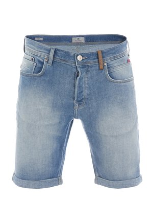 Blå denimshorts med opsmøgede manchetter, frontknap og lynlås, bæltestropper samt for- og baglommer.