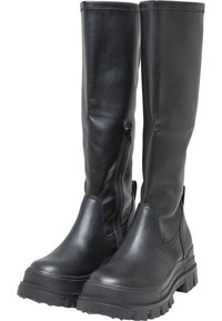 Bottes noires montantes jusqu'aux genoux en cuir, avec une fermeture éclair latérale, une semelle épaisse en caoutchouc et une surface texturée pour l'adhérence.