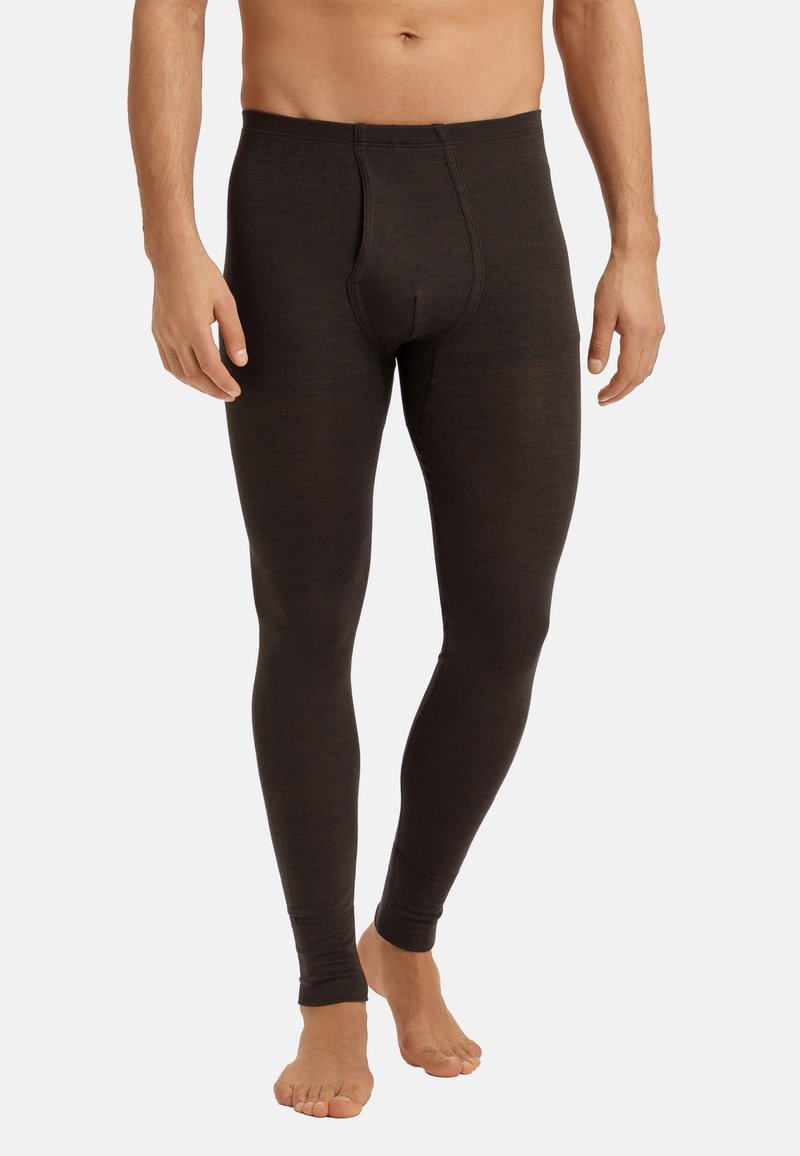 Männer Thermoleggings in Dunkelbraun. Hergestellt aus weichem, dehnbarem Gewebe mit einer glatten Textur und einem figurbetonten Design. Mit einem Eingriff vorne.