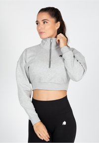 Grijze, kort gesneden sweatshirt met hoge kraag, rits aan de voorkant en geribde manchetten; gecombineerd met hoge zwarte leggings met een logo.