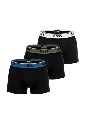 Trzy pary męskich bokserek w kolorze czarnym z kolorowymi pasami w talii: niebieskim, oliwkowozielonym i białym. Miękka tkanina, dopasowany fason, z akcentami logo.