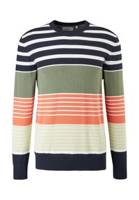 Herren Sweatshirt mit Rundhalsausschnitt in Marineblau, Weiß, Grün, Orange und Beige mit horizontalen Streifen in unterschiedlichen Breiten.