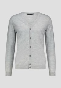 Lichtgrijze cardigan met een V-hals, volledige knoopsluiting aan de voorkant en geribde manchetten. Gemaakt van een zachte stof, met subtiele textuurvariaties.
