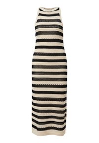 Robe en tricot avec un motif rayé noir et crème, à la coupe ajustée, sans manches, et des détails en tissage ouvert texturé.