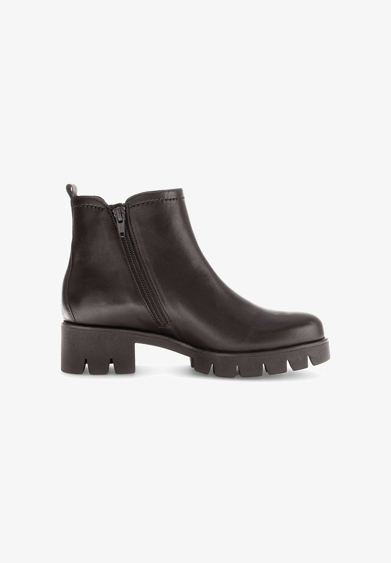 Schwarze Lederstiefelette mit runder Zehenpartie, seitlichem Reißverschluss und dicker, geriffelter Sohle für besseren Halt. Glatte Textur und minimale Designdetails.