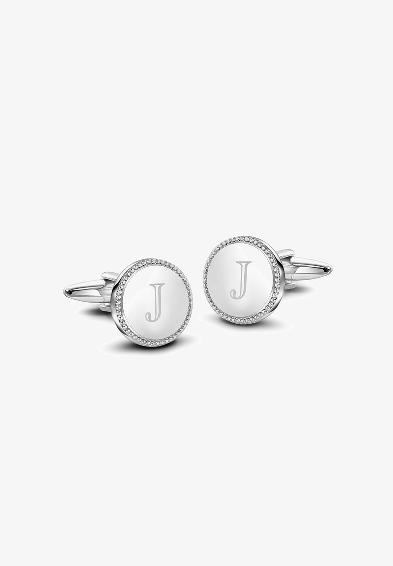 Srebrne spinki do mankietów o okrągłym kształcie, z wypolerowaną powierzchnią i grawerem "J", otoczone małymi, okrągłymi zdobieniami.
