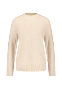 Beige gestrickter Pullover mit Rundhalsausschnitt, langen Ärmeln, gerippten Bündchen und Saum, der eine glatte Oberflächenstruktur und vertikale Nahtdetails aufweist.