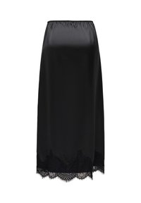 Schwarzer Satin-Midirock mit elastischem Bund und Spitzenbesatz mit Wellensaum am Saum.