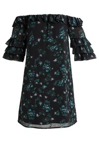Floral off-the-shoulder dress with ruffled short sleeves, black fabric featuring green and white floral patterns, smooth texture, knee-length.