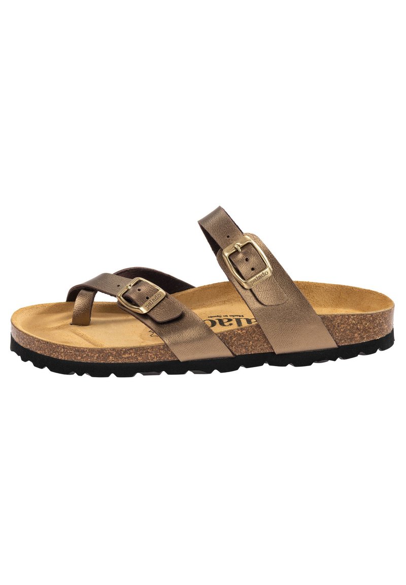 Brune lædersandal med to stropper, justerbar spænde detalje, kork sål og struktureret sort gummisål.