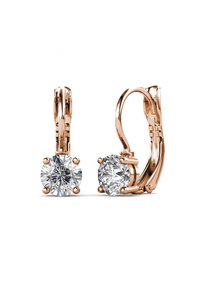 Orecchini a lobo in oro rosa con chiusura a leva, caratterizzati da cristalli trasparenti tondi, impostati in un design a quattro griffe con finiture lucide.