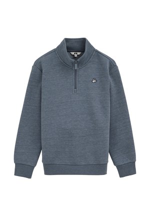 Modrošedá mikina na čtvrtý zip s žebrovanými manžetami a lemem, s malým emblémem ptáka na levé straně hrudi.