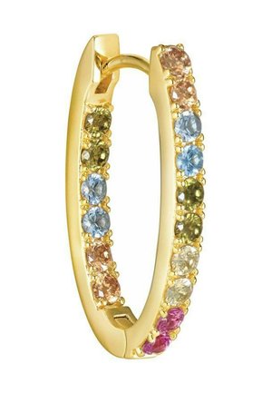 Goldene Creole mit einer Reihe von mehrfarbigen Edelsteinen, darunter Pink, Blau, Grün und Klar, in einem polierten Metalldesign eingesetzt.