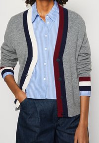 Cardigan grigio con righe blu navy, bianche e mogano. Presenta bottoni, una vestibilità comoda ed è abbinato a una camicia a righe azzurre.