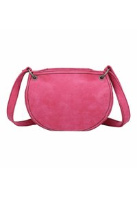 Bolso bandolera redondo de ante rosa con una textura suave, costuras en contraste y una correa delgada y ajustable. Cierre en la parte superior.