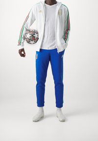 Veste blanche zippée avec rayures vertes et rouges, associée à un pantalon de survêtement bleu. Tenant un ballon de football à motifs. Chaussures à crampons blanches et chemise blanche.