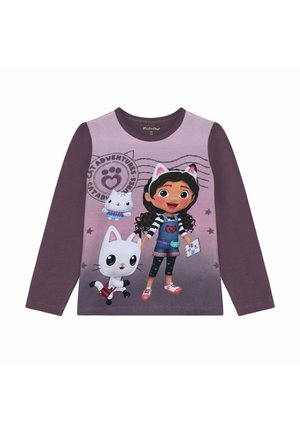 Langarm-T-Shirt mit einem lila- und pinkfarbenen Farbverlauf, das ein Cartoon-Mädchen und zwei Katzen zeigt. Weicher Stoff mit verspielten Grafiken und Akzenten.