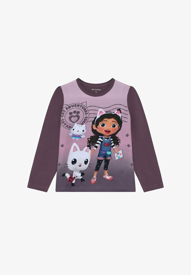 Langarm-T-Shirt mit einem lila- und pinkfarbenen Farbverlauf, das ein Cartoon-Mädchen und zwei Katzen zeigt. Weicher Stoff mit verspielten Grafiken und Akzenten.