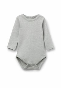 Szary bodysuit dla niemowląt z długim rękawem wykonany z miękkiej bawełny. Posiada okrągły dekolt oraz zatrzaski na dole, co ułatwia ubieranie.