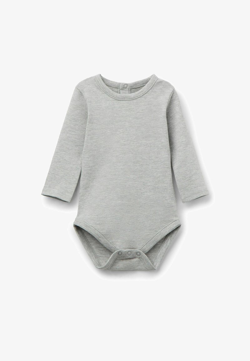 Dlouhý rukáv šedý dětský body vyrobený z měkké bavlny. Disponuje kulatým výstřihem a patenty na dně pro snadné oblékání.