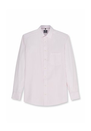 Camicia da uomo a maniche lunghe con bottoni, righe verticali rosa e bianche, colletto a punta e taschino sul petto, stesa su sfondo bianco.