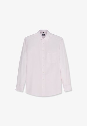 Herren Langarm-Knopfhemd mit rosa-weißen vertikalen Streifen, spitzem Kragen und Brusttasche, flach auf weißem Hintergrund liegend.