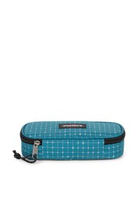 Astuccio rettangolare teal con un motivo geometrico, chiusura a zip e dettagli neri. Tessuto resistente con superficie testurizzata.