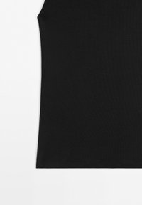 Black sleeveless fitted shirt with smooth fabric texture on a white background, showing the upper part of the garment.