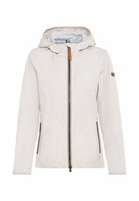 Let jakke i hvidt letvægtsstof med glat overflade. Har hætte, frontlynlås, to sidelommer og brune læderdetaljer.