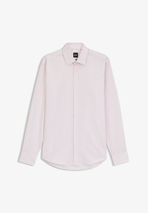 Langärmliges Hemd in hellrosa mit kleinem Karomuster, aus glattem Stoff gefertigt, mit klassischem Kragen und abgerundetem Saum.