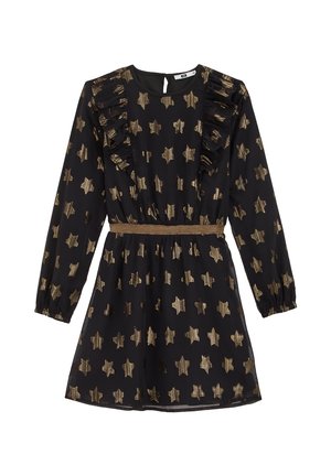 Vestido negro de manga larga con patrones de estrellas doradas, detalles con volantes en la parte delantera y una cintura elástica dorada.