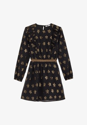 Sort langærmet kjole med guldstjernemønstre, flæsedetaljer foran og et guld elastikbånd i taljen.