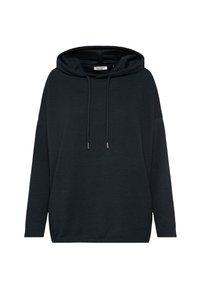 Schwarzer Kapuzenpullover mit strukturiertem Oberflächenmaterial. Hat eine Kordel am Hals und weit geschnittene Ärmel. Gerader Saum.