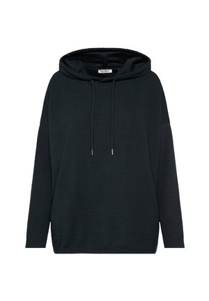 Schwarzer Kapuzenpullover mit strukturiertem Oberflächenmaterial. Hat eine Kordel am Hals und weit geschnittene Ärmel. Gerader Saum.
