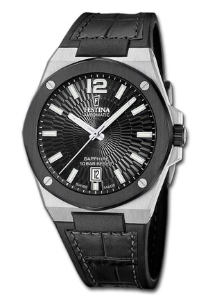 Schwarze Festina Automatik-Armbanduhr mit schwarzem Lederarmband, Zifferblatt mit geometrischem Muster, weißen Markierungen und Datumsanzeige bei 6 Uhr.