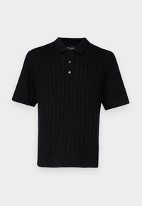 Polo negro de manga corta con textura acanalada, tapeta con tres botones y un cuello clásico. Hecho de una tela suave, diseñado para la comodidad.